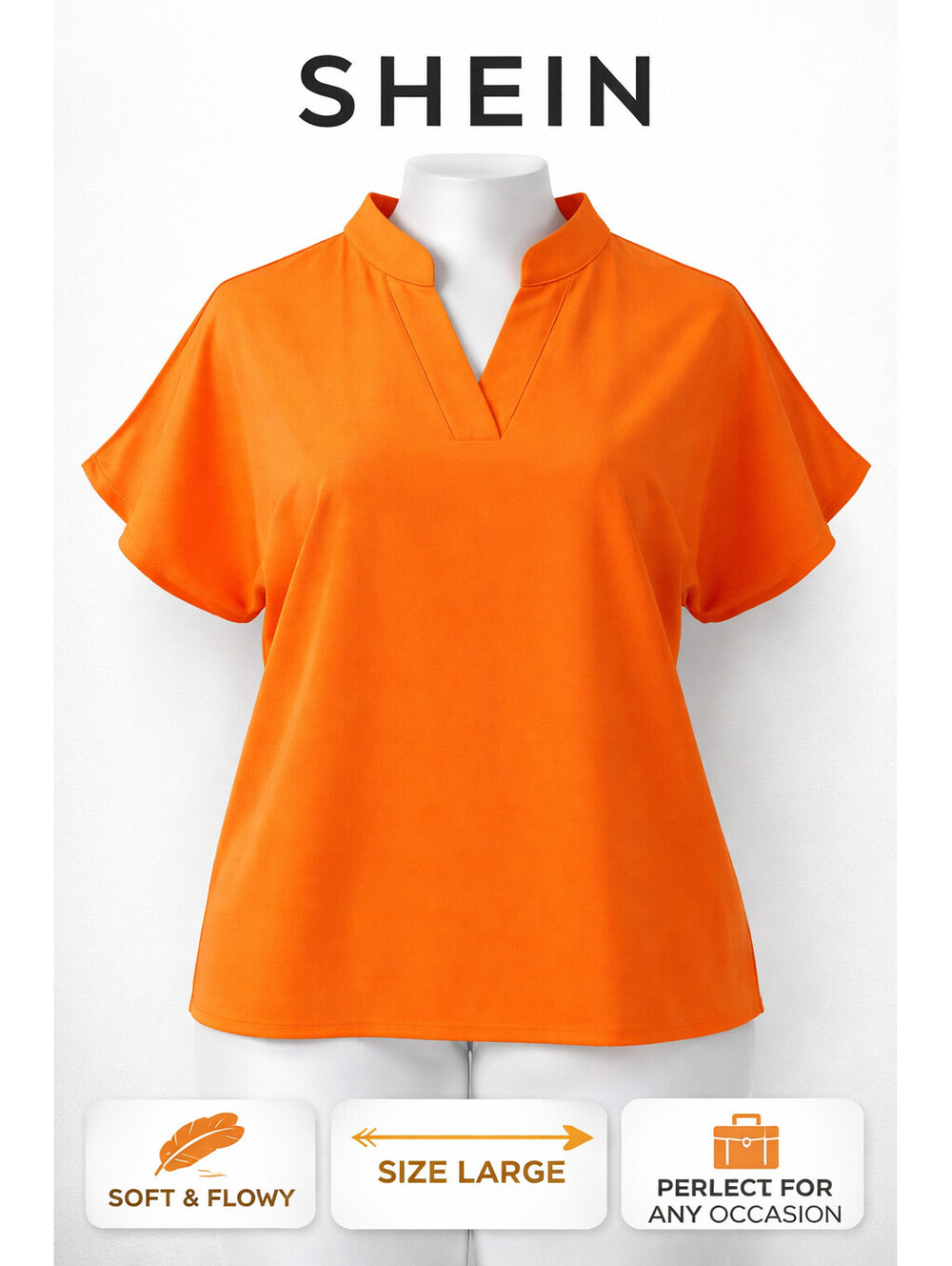 SHEIN Soft & Flowy Orange V-Neck Short Sleeve Top Size Large